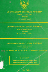 Undang-Undang Republik Indonesia Nomor 2 Tahun 1986 tentang Peradilan Umum
Undang-Undang Republik Indonesia Nomor 14 tahun 1985 tentang Mahkamah Agung
Undang-Undang Republik Indonesia Nomor 14 Tahun 1970 tentang Ketentuan-Ketentuan Pokok Kekuasaan Kehakiman