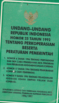 Undang-Undang Republik Indonesia Nomor 25 Tahun 1992 Tentang Perkoperasian